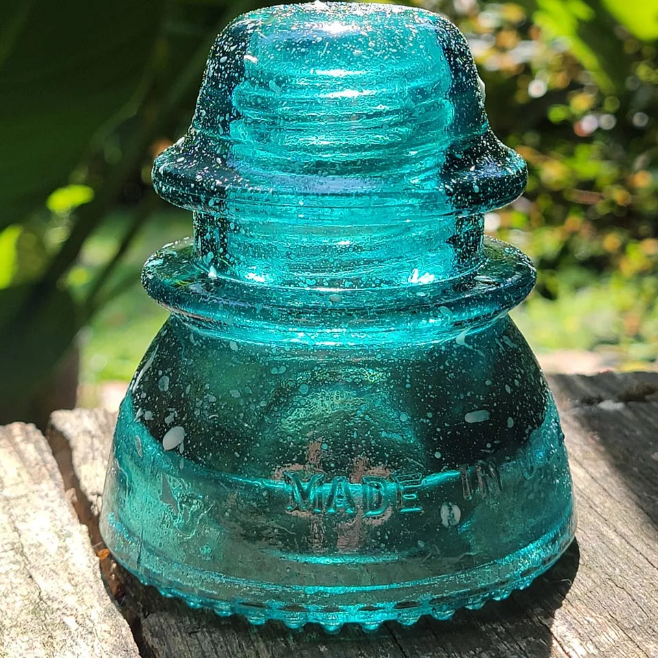 Vintage Aqua Green Hemingray 42 Glass Insulator with Sparkle in the Dark Stars